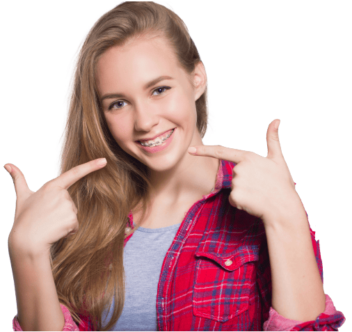 Girl With Braces Pointing To Her Beautiful Smile For Cta